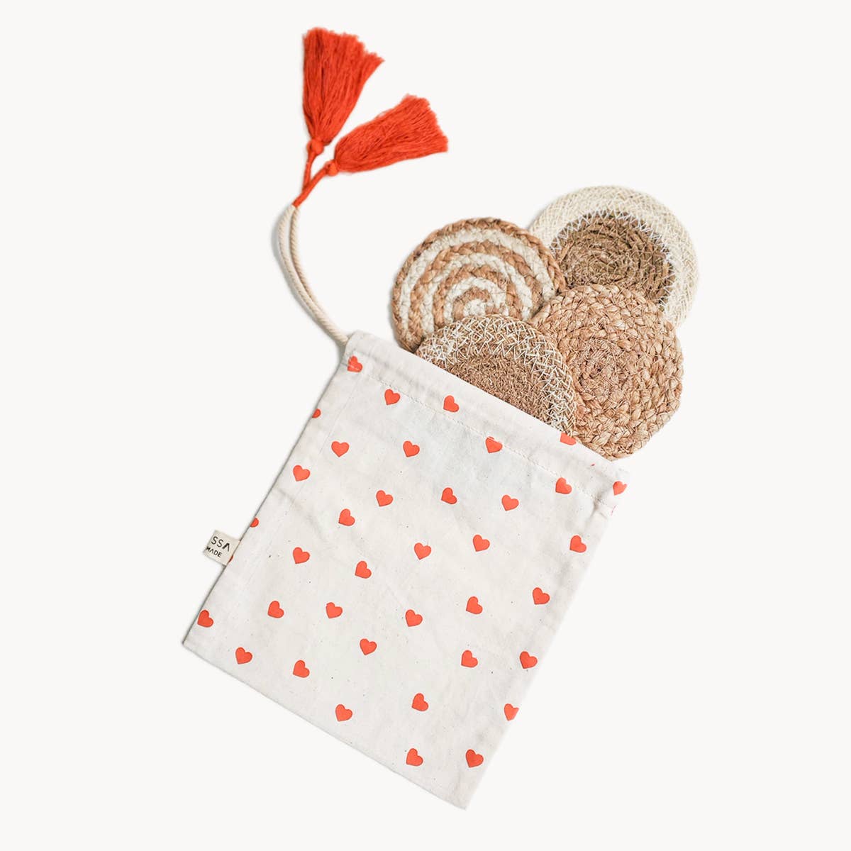 KORISSA - Wholesale Coasters - Handwoven Natural Drink Coaster • Gift Set with Heart pouch1
