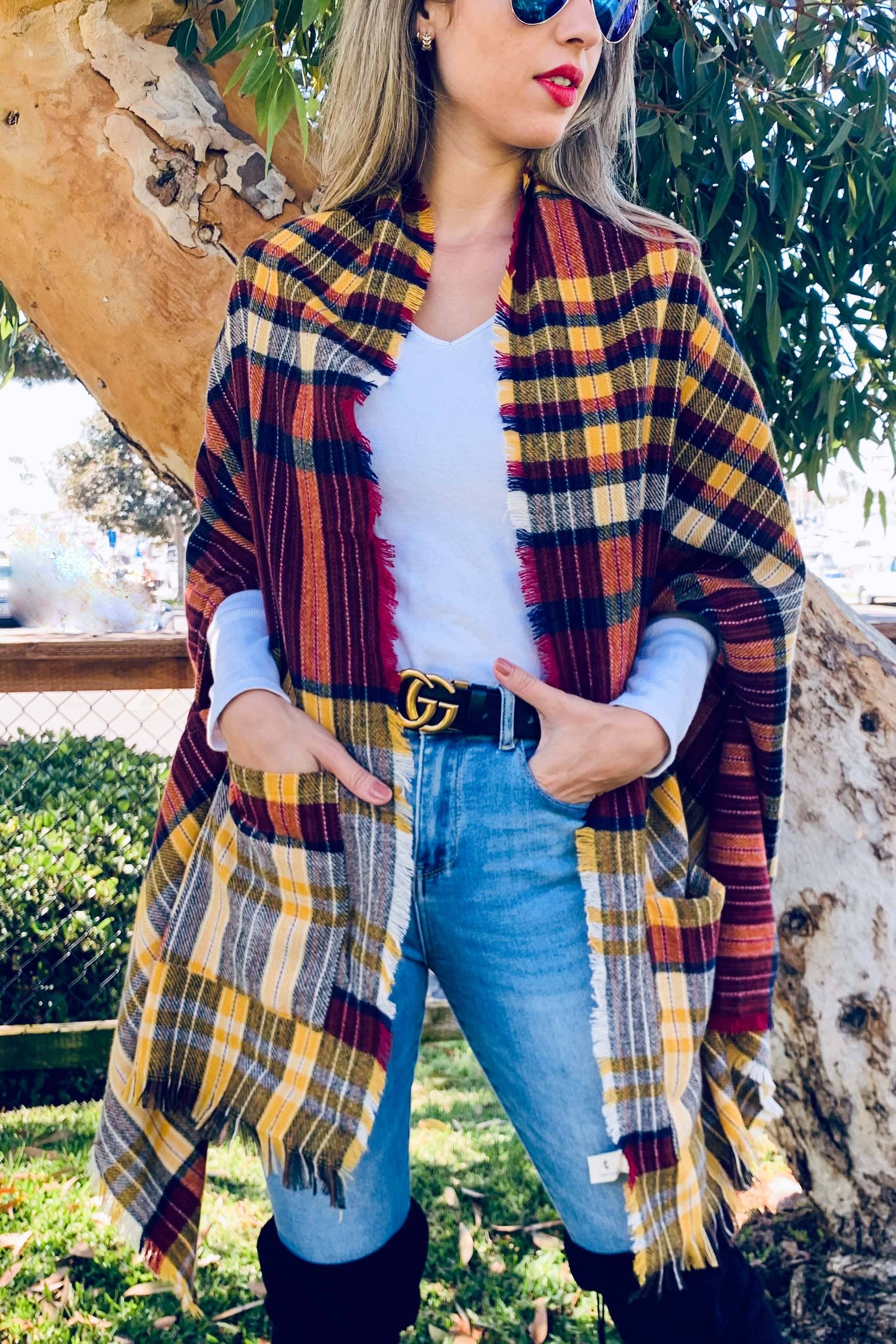 Mustard Plaid Knitted Shawl Scarf With Pocket for wholesale on Faire0