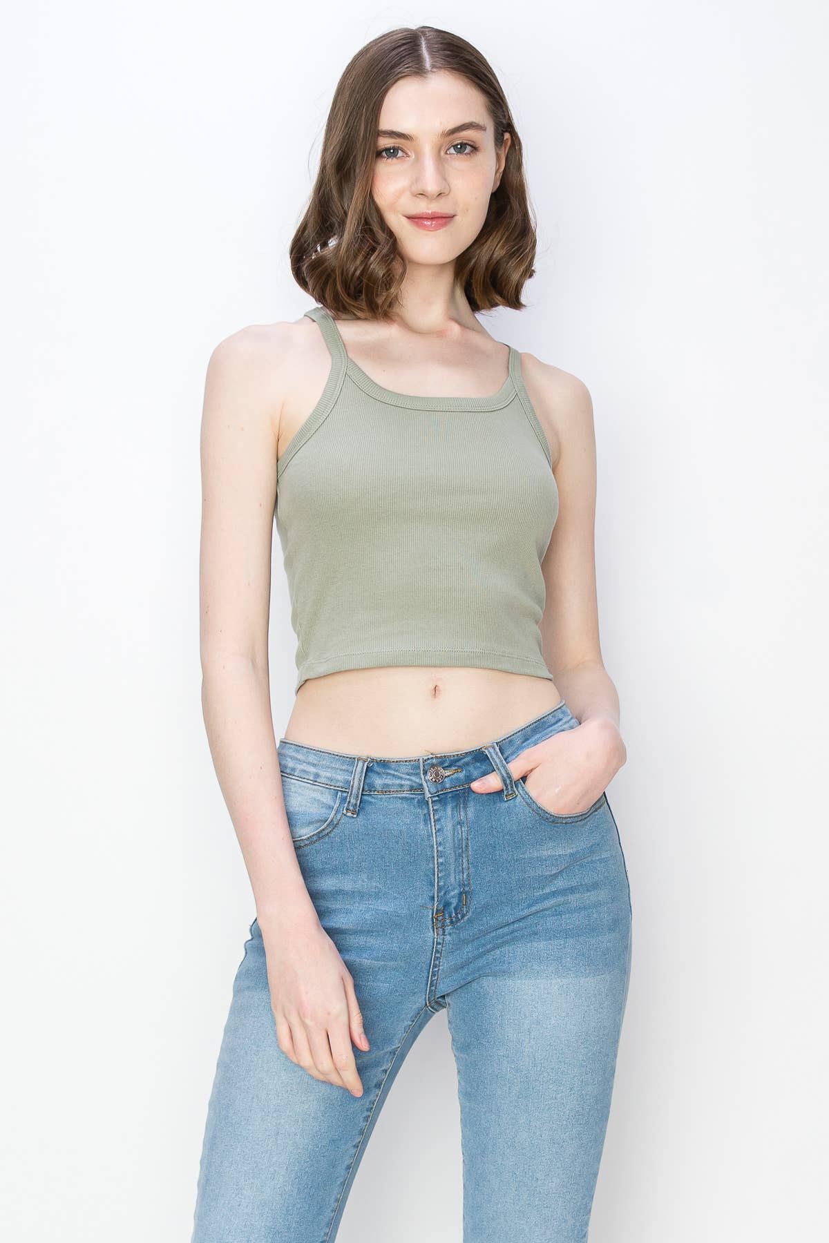 Color 5 - Vente Débardeur – femme - Débardeur spaghetti court en coton côtelé et élasthanne de couleur unie13