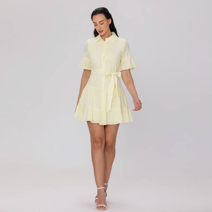 Short fitted and flared tiered ruffle shirt dress for wholesale by Smart and Joy