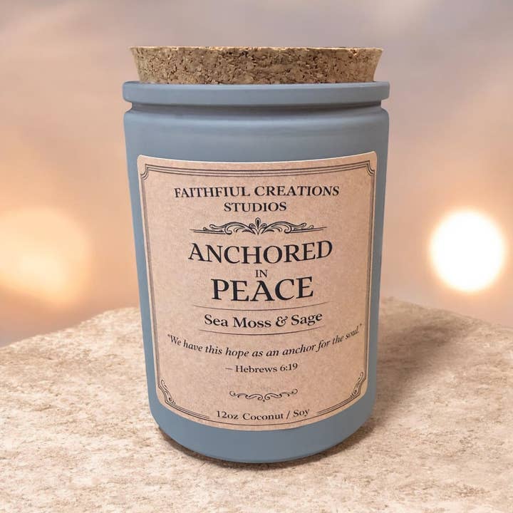 Anchored in Peace Sea Moss & Sage Candle | 12oz Faith for wholesale by Faithful Creations Studios