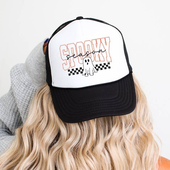 Ghost Spooky Season Foam Trucker Hat for wholesale by DaisyChainDesignCo