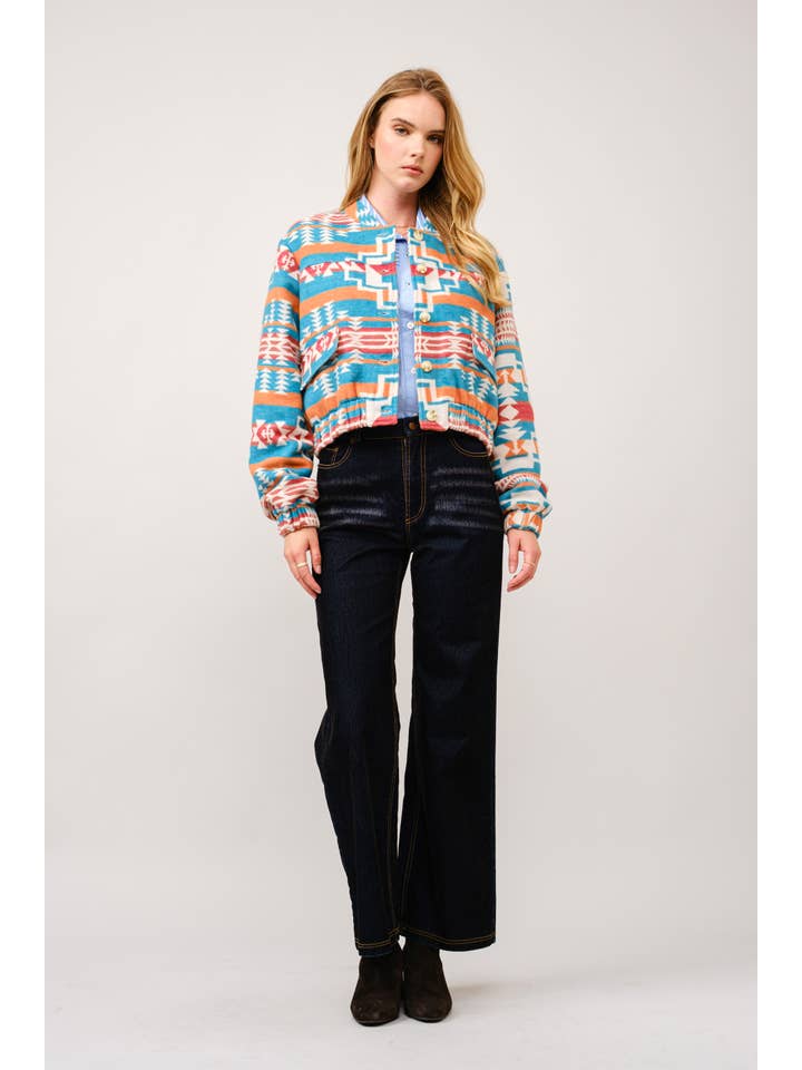 TEAL 36333J - Jacquard Aztec Snap Up Bomber Jacket for wholesale on Faire4