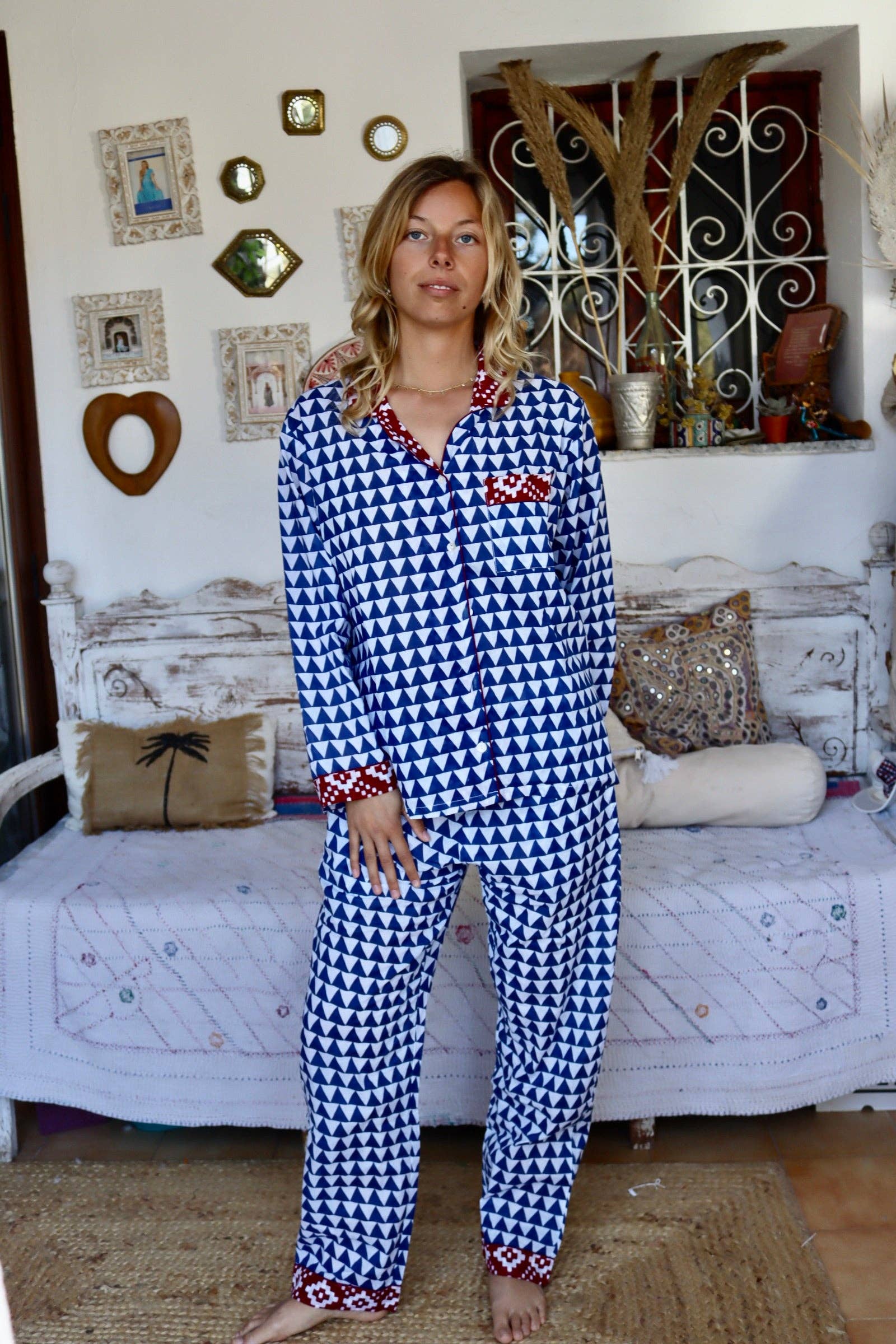 Aurobelle Ibiza - Vendita all'ingrosso Completo pigiama - Donna - Pigiama comodo in cotone con stampa a blocchi fatta a mano4