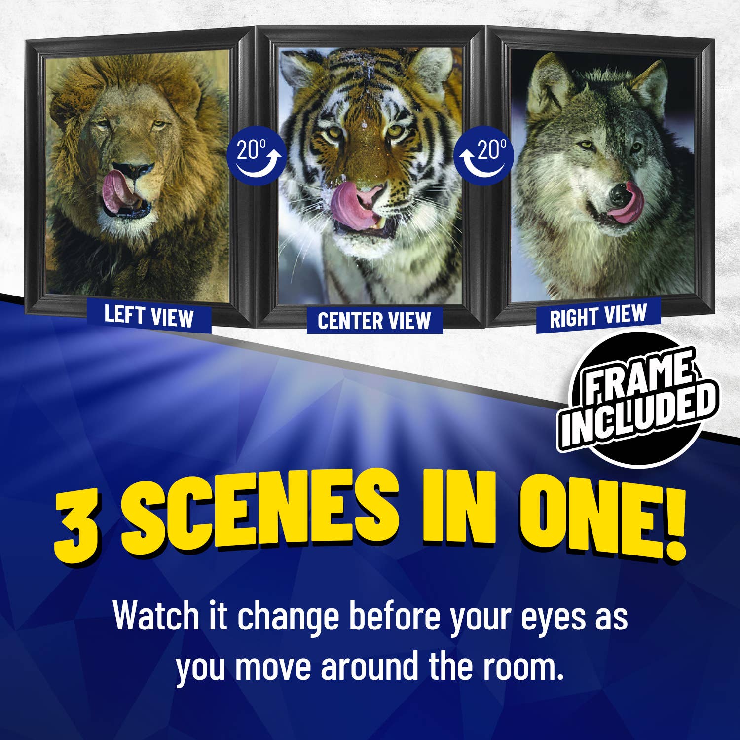 Lentics - Wholesale Art Print - Lion, Tiger & Wolf Tounge Out Framed Print 3D Lenticular Art1