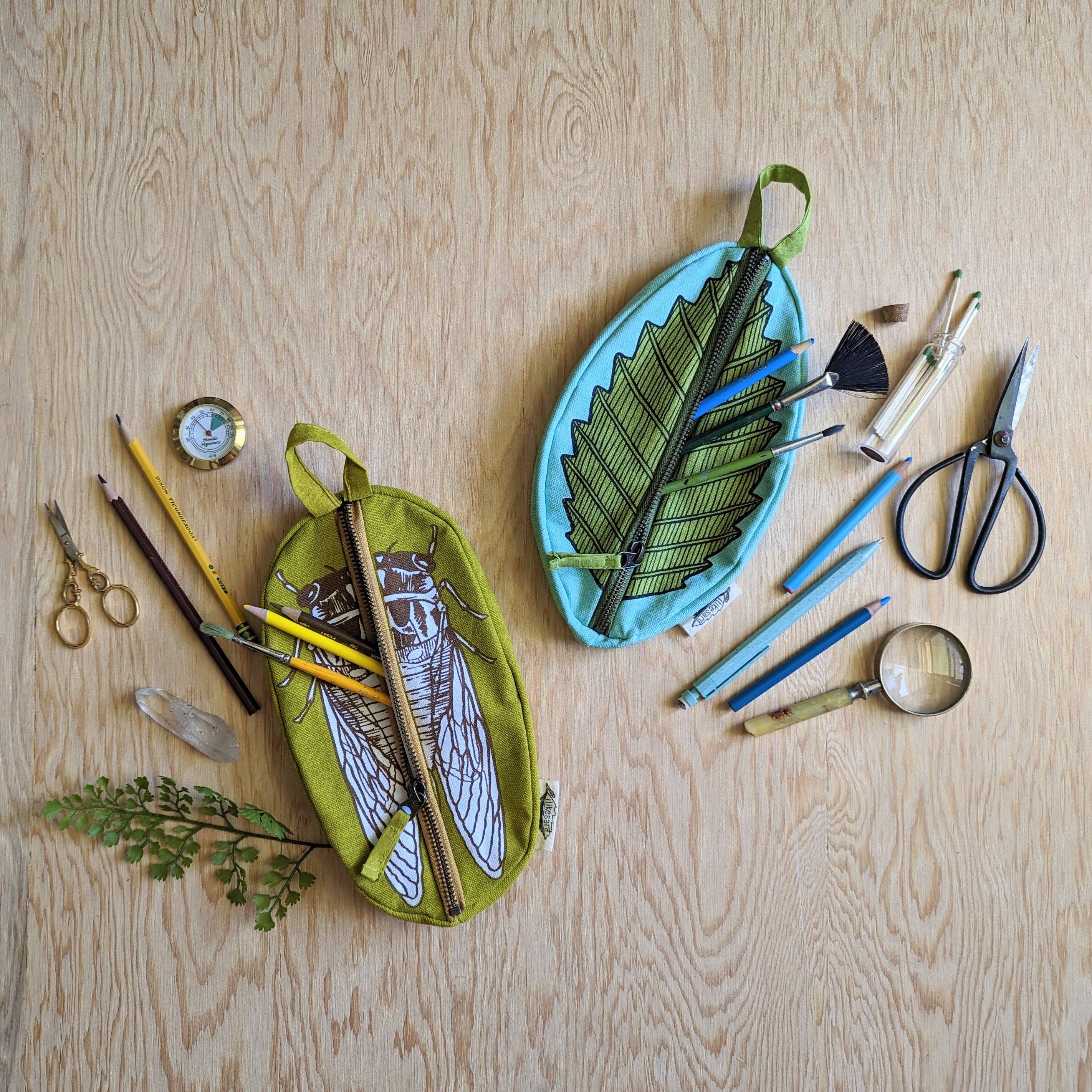 ilikesara | art + goods – wholesale Pencil case/pouch – zippered pouch | cicada - yellow & brown bug/insect pencil, supply, makeup bag with waterproof lining1