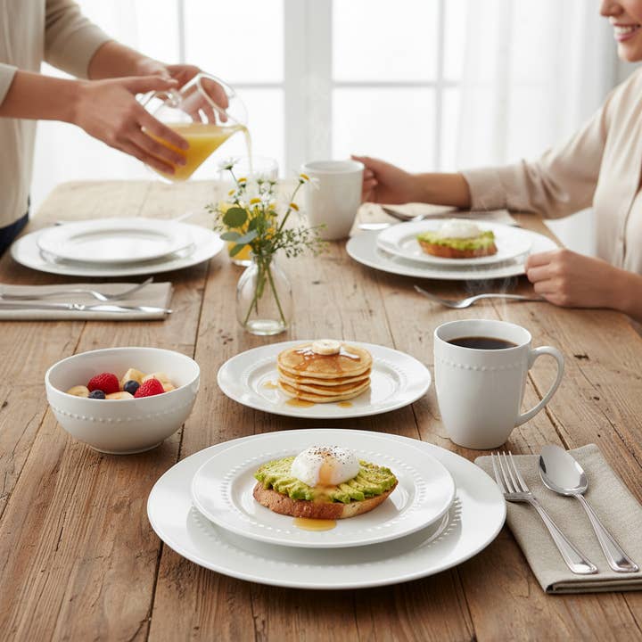 Kadra Kitchenware - Wholesale Dinnerware Set - Maison Neuve - Hobnail Round 16 Pc Bone China Dinnerware Set1