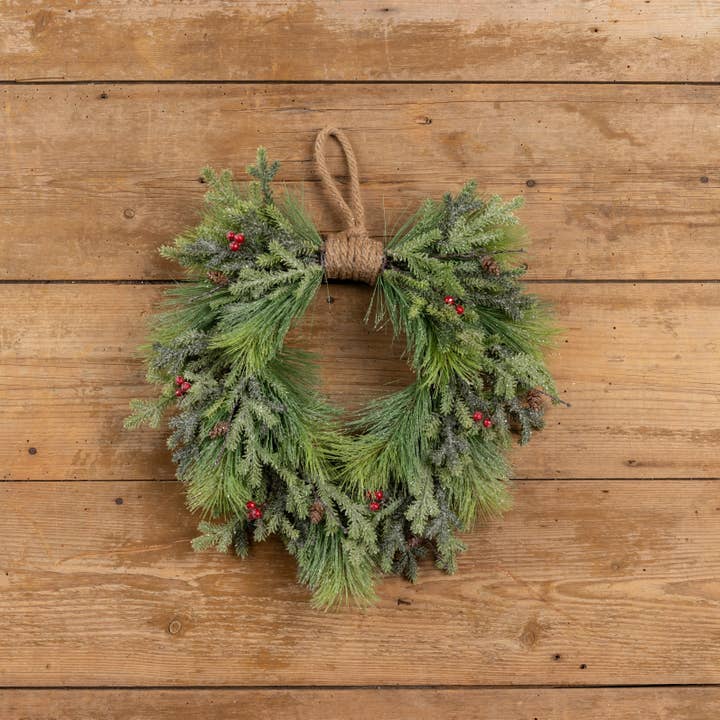 Ragon House - Wholesale Wreath - 20" GLITTERED PINE & RED BERRY HANGING WREATH