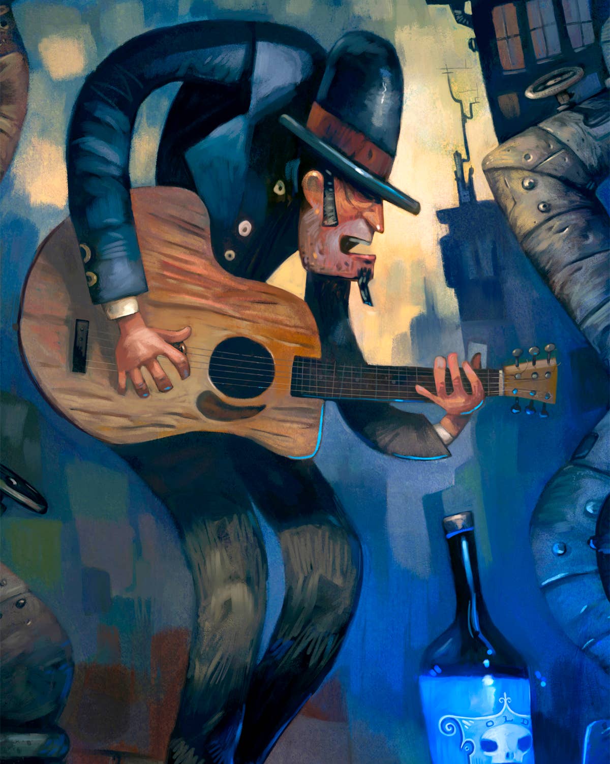 TIM LEE RABBIT RUN STUDIOS - Venta al por mayor Ilustración - Blue Night, guitarrista, impresión artística, acústica1