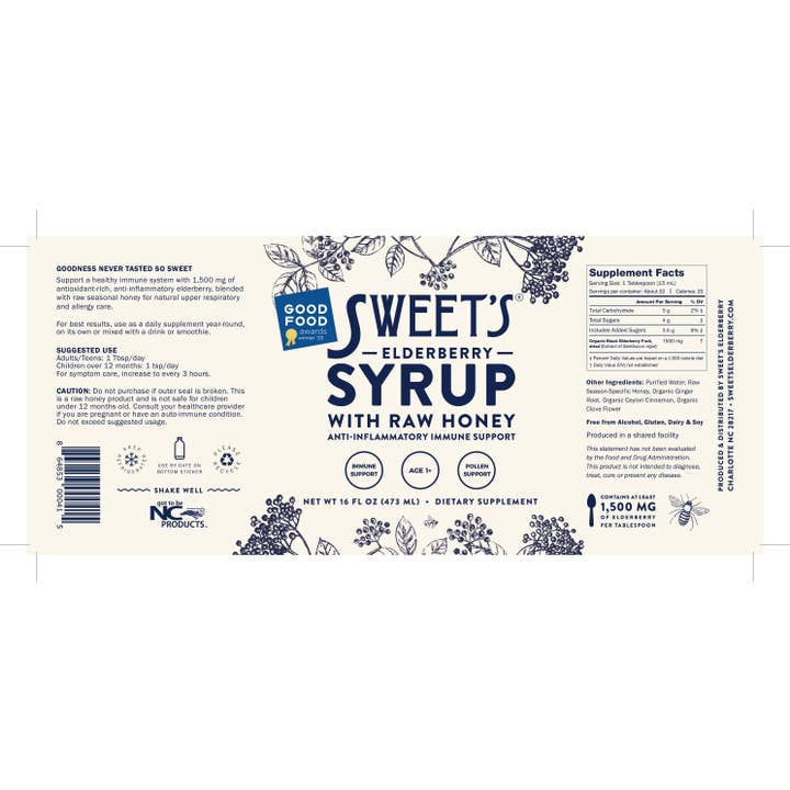 Sweet's Elderberry - Wholesale Oral Supplement/Vitamin - Elderberry Syrup with Raw Honey (REFRIGERATED) - 16 oz