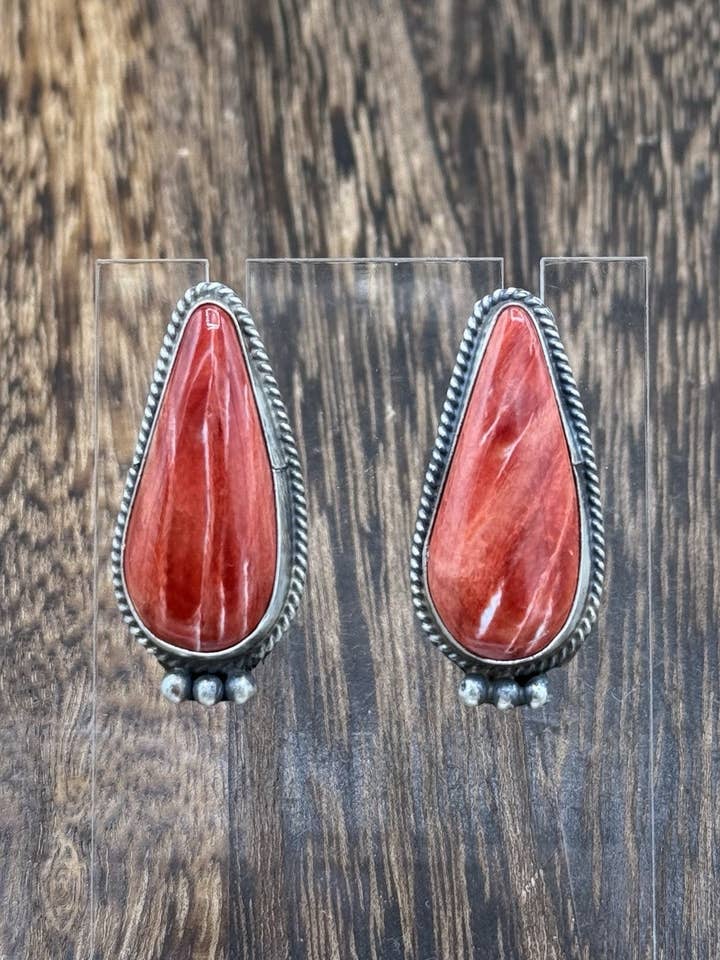 Navajo Handmade Sterling Silver Red Spiny Oyster Post Earrings By Byron Begay for wholesale by Native City Jewelry