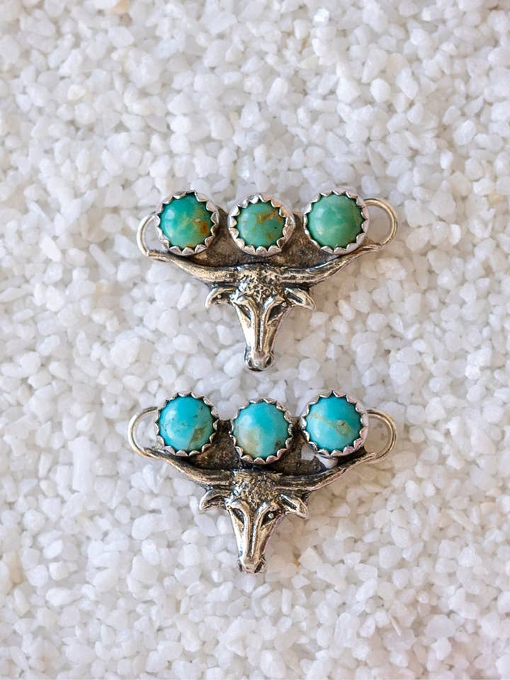Steer Head Connector w/3 Stones 4mm Kingman Turquoise for wholesale by Desert Darlings Silver