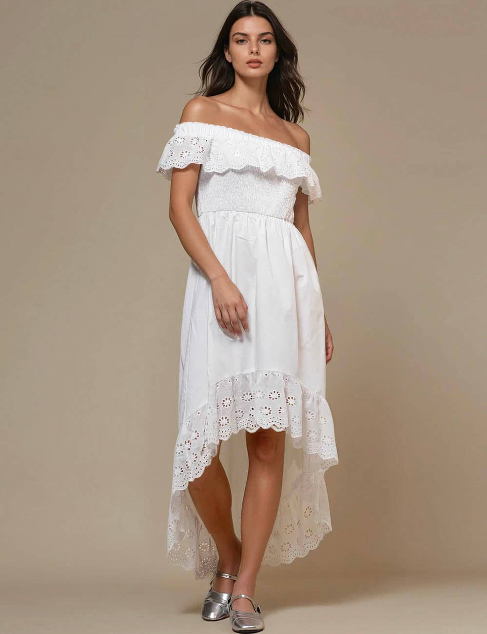 Blanc Robe Midi Épaules Dénudées à Œillets Floraux pour Femmes SKD50298 en vente sur Faire7