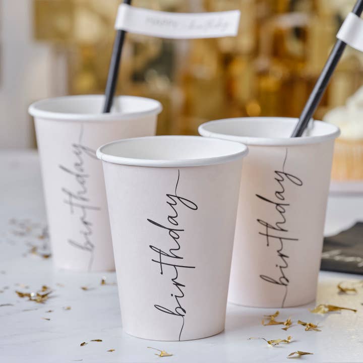Nude and Black Happy Birthday Paper Party Cups for wholesale by Ginger Ray