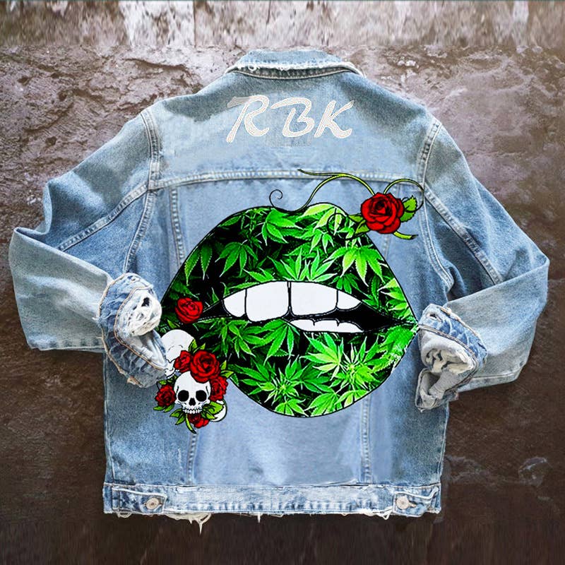 Tourtiwi - Wholesale Denim Jacket - Women's - Women's skull rose green lips denim jacket6