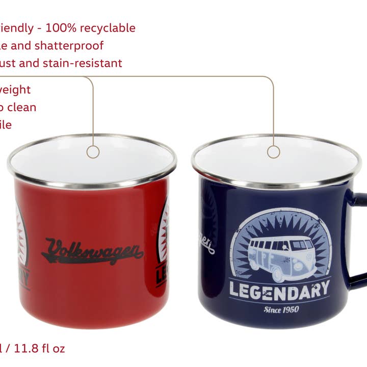 VW Collection by BRISA – wholesale Coffee mug – VW Bus Enamel Home Outdoor Travel Mug 2-pc Set 350ml – RD/BL