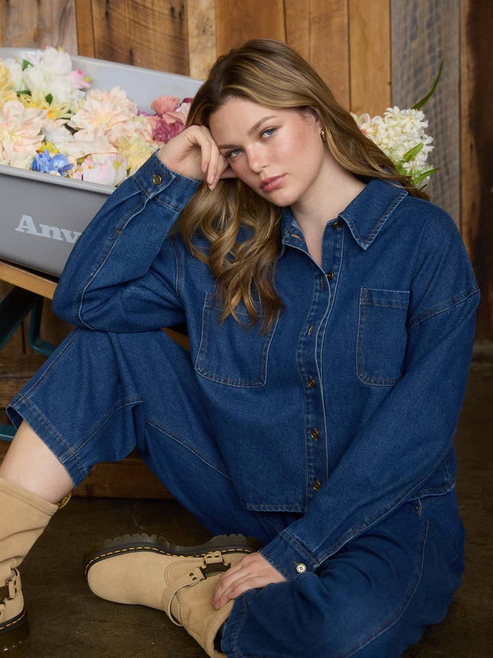 COLLARED BUTTON DOWN CROPPED DENIM JACKET for wholesale by Blu Pepper