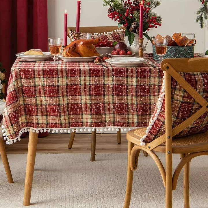 Fennco Styles - Wholesale Tablecloth - Classic Plaid Snowflake Pompom Border Festive Tablecloth1