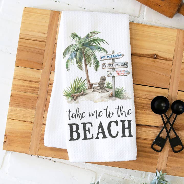 Custom Pick 3 Beach Sign Kitchen Towel Nautical Ocean Coast for wholesale by Canary Road