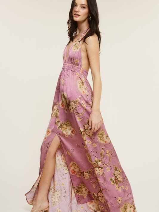 Goddess Flower Print Front Slit Halter Long Dress for wholesale by Mimosa