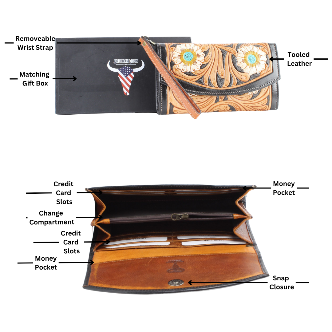 Leather Impressions Inc – wholesale Kuvertväska - Dam – American Bison Tooled Ladies Clutch/Armbandsplånbok3