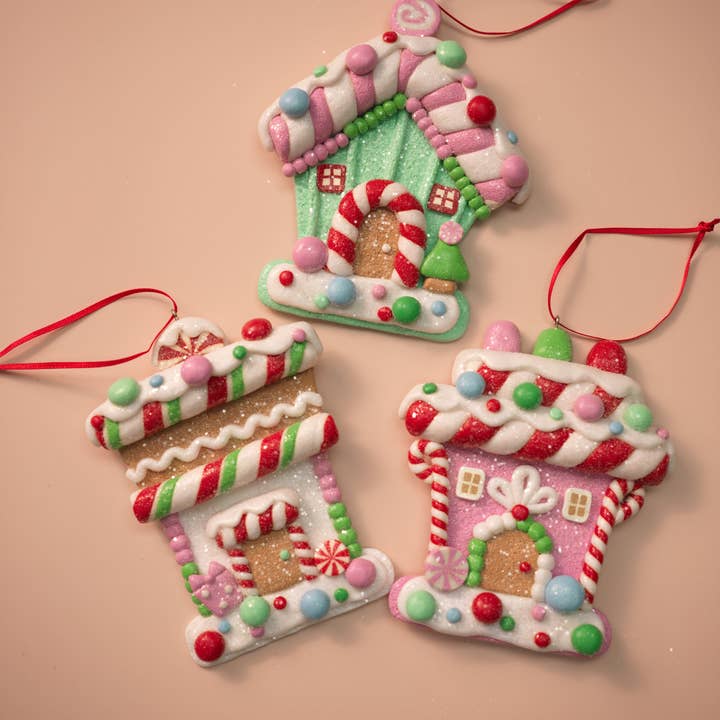 5"H Pastel Candy Gingerbread House Christmas Ornaments for wholesale by LINSPIRE