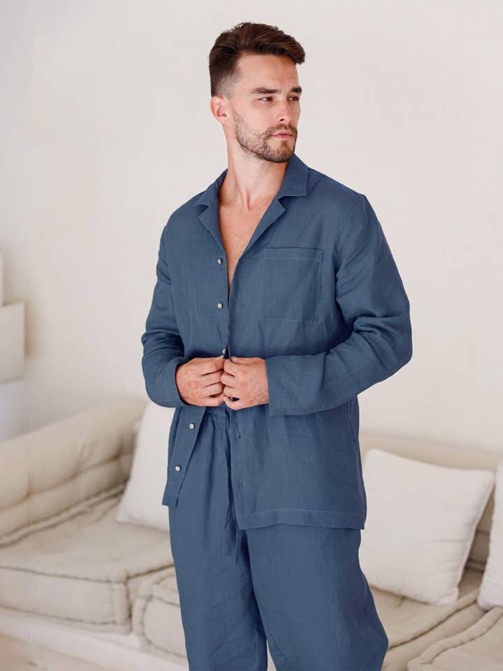 MagicLinen (We handle U.S. import procedures for you) - Wholesale Sleepwear Set - Men's - Linen mens pajama set VIGO in Deep Navy Blue1