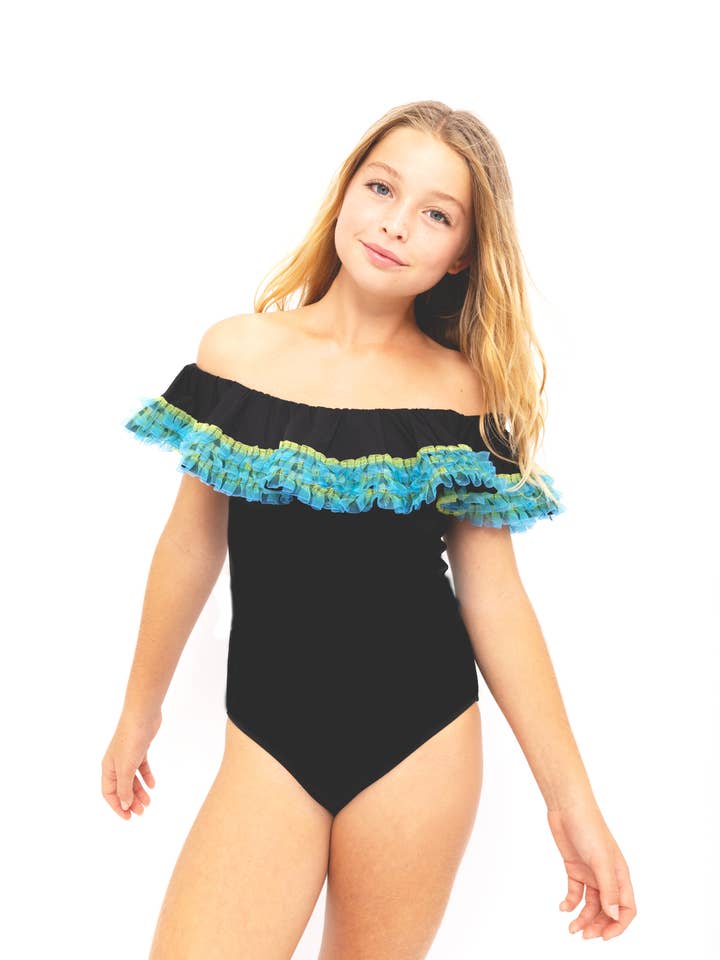 Maillot de bain noir avec frange en anémone pour la vente par Stella Cove