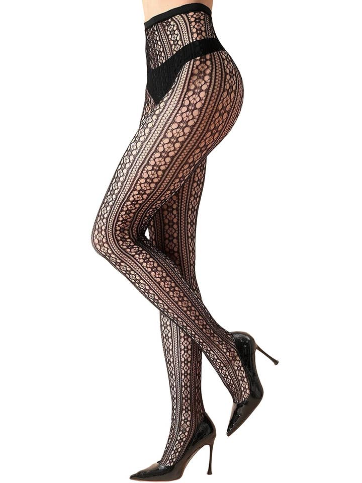 Black High Rise French Cut Floral Lace Net Sheer Tight Pantyhose for wholesale on Faire