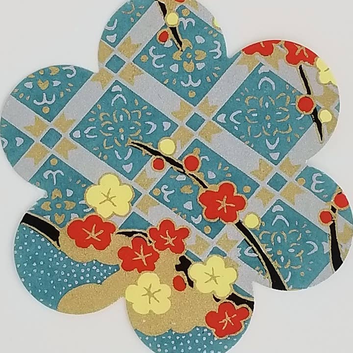050 Red and Yellow Blossom Branches on Blue Chiyogami for wholesale by Sweet Space Studio