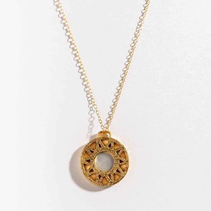 Mother of Pearl Gold Geometric Disc Necklace for wholesale by Claire Hill Designs