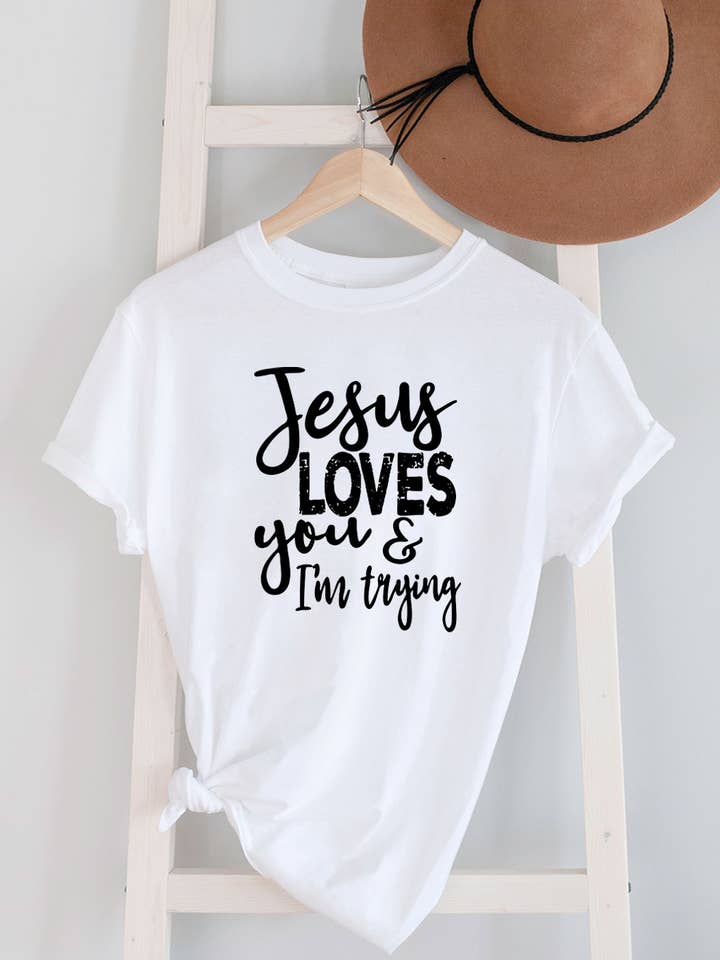 Jesus LOVES You & I'm Trying, Christian, Unisex PLUS Round Neck Short Sleeve T-Shirt for wholesale by Top Avenue