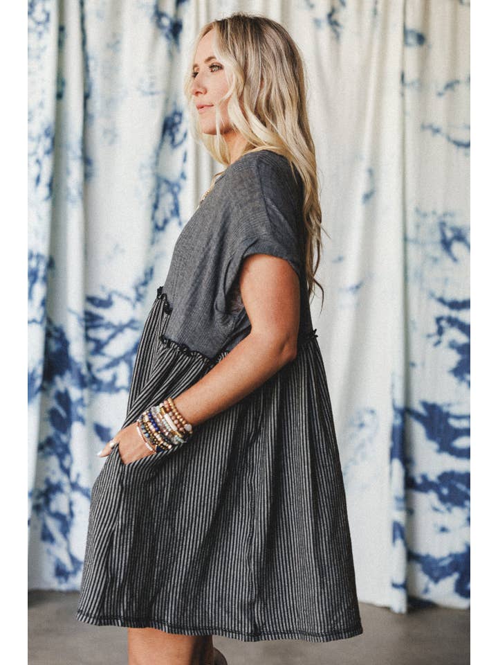 Grey No Fuss Babydoll Dress - Charcoal Black for wholesale on Faire