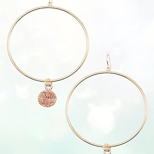 Andrea Bijoux - Wholesale Dangle Earrings - ROUND LINK FAUX DRUZY STONE HOOP EARRING