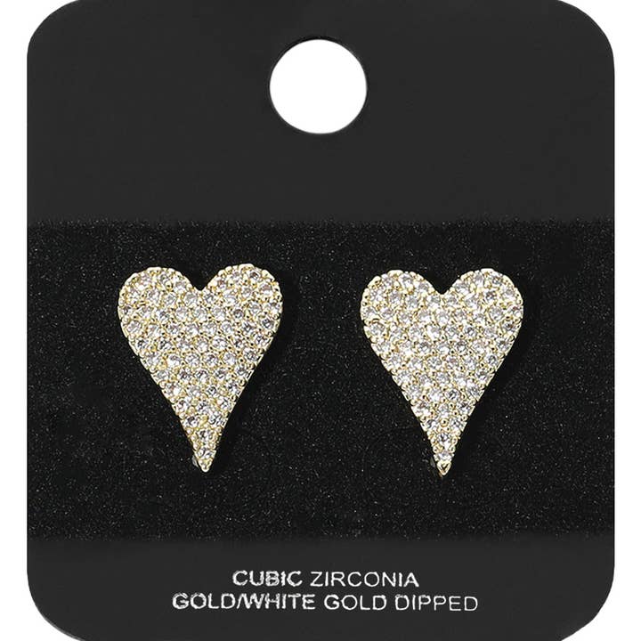 Gold Dipped CZ Stone Paved Heart Stud Earrings for wholesale by Sensibling Corp.