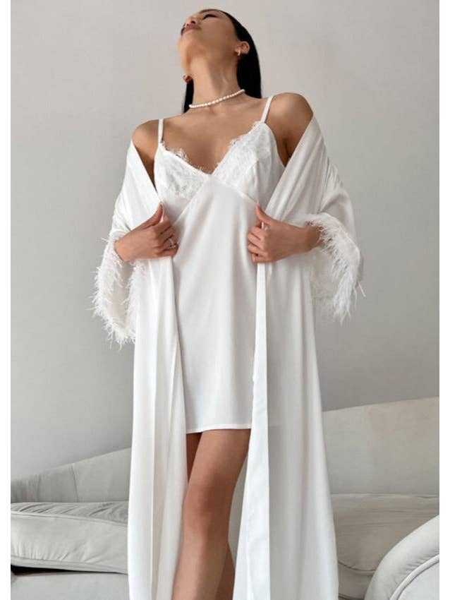 White Feather-Trim Satin Robe and Nightgown Set for wholesale on Faire