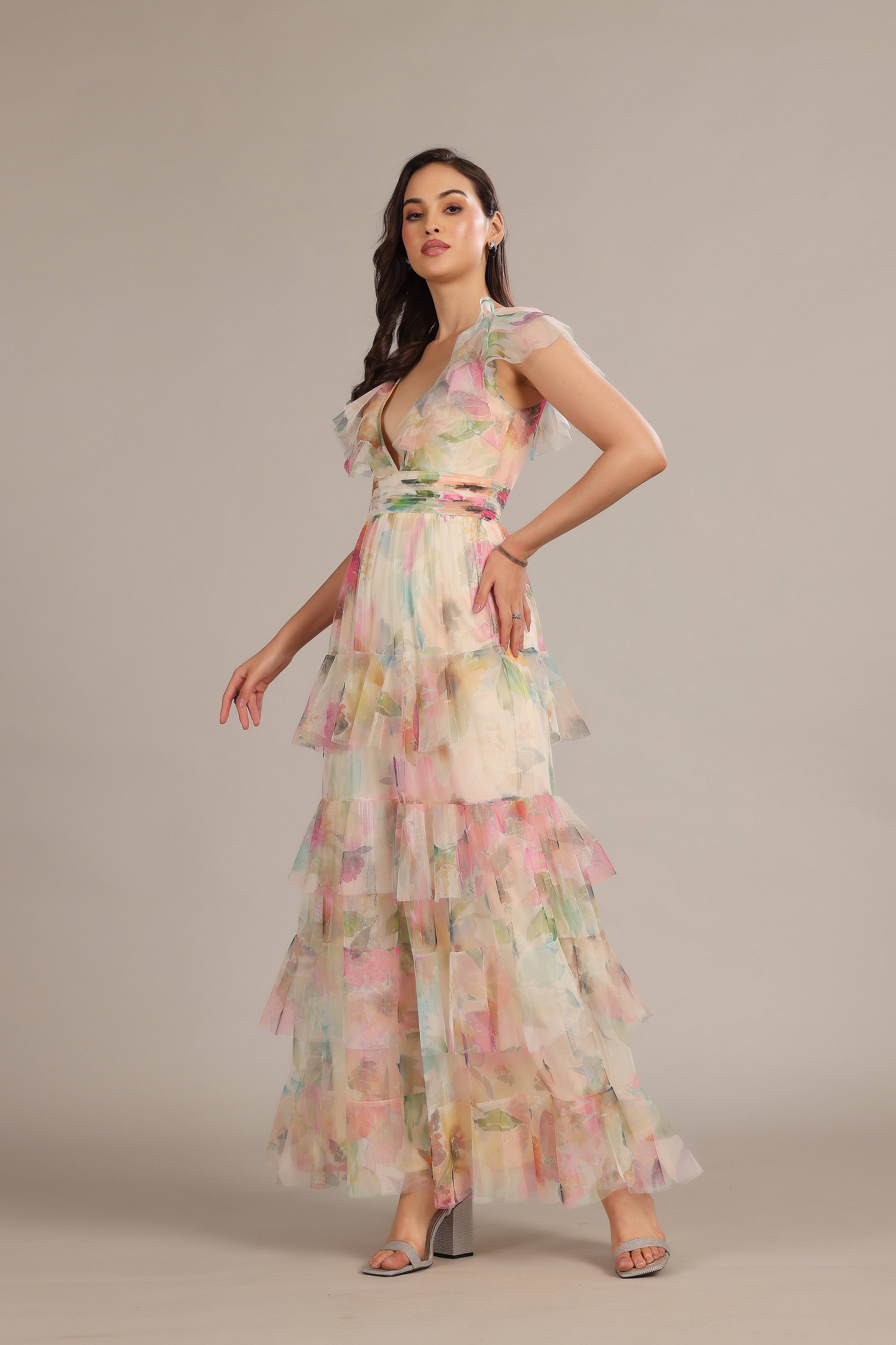 Olympia Maxi Dress in Cream Pink Floral for wholesale on Faire4