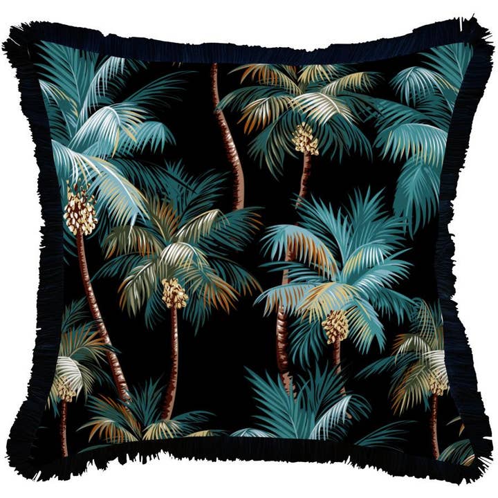 Kussenslot-Coastal Fringe zwart-palmbomen zwart-60cm x 60cm voor wholesale door Escape To Paradise