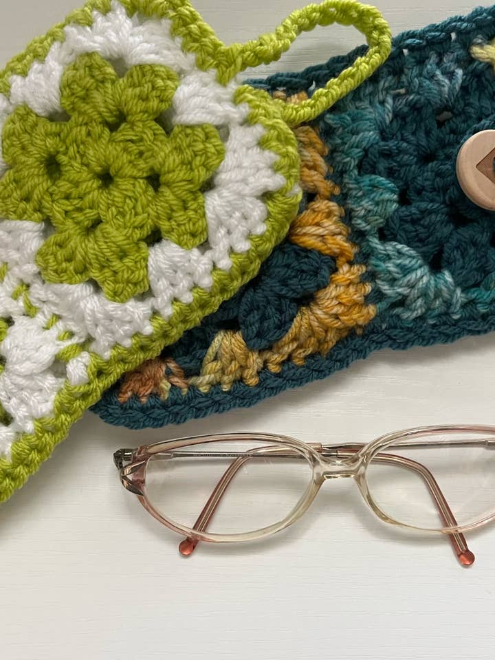 Handmade Crochet Granny Square Glasses Holder for wholesale by The Yarn Lilly