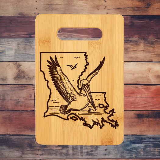 Louisiana Pelican Bamboo Cutting Board for wholesale by Prairie Chicken Sticker Shop & Gifts