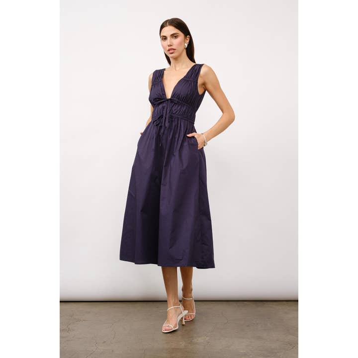 Selina Tie-Front Midi Dress in Navy for wholesale on Faire