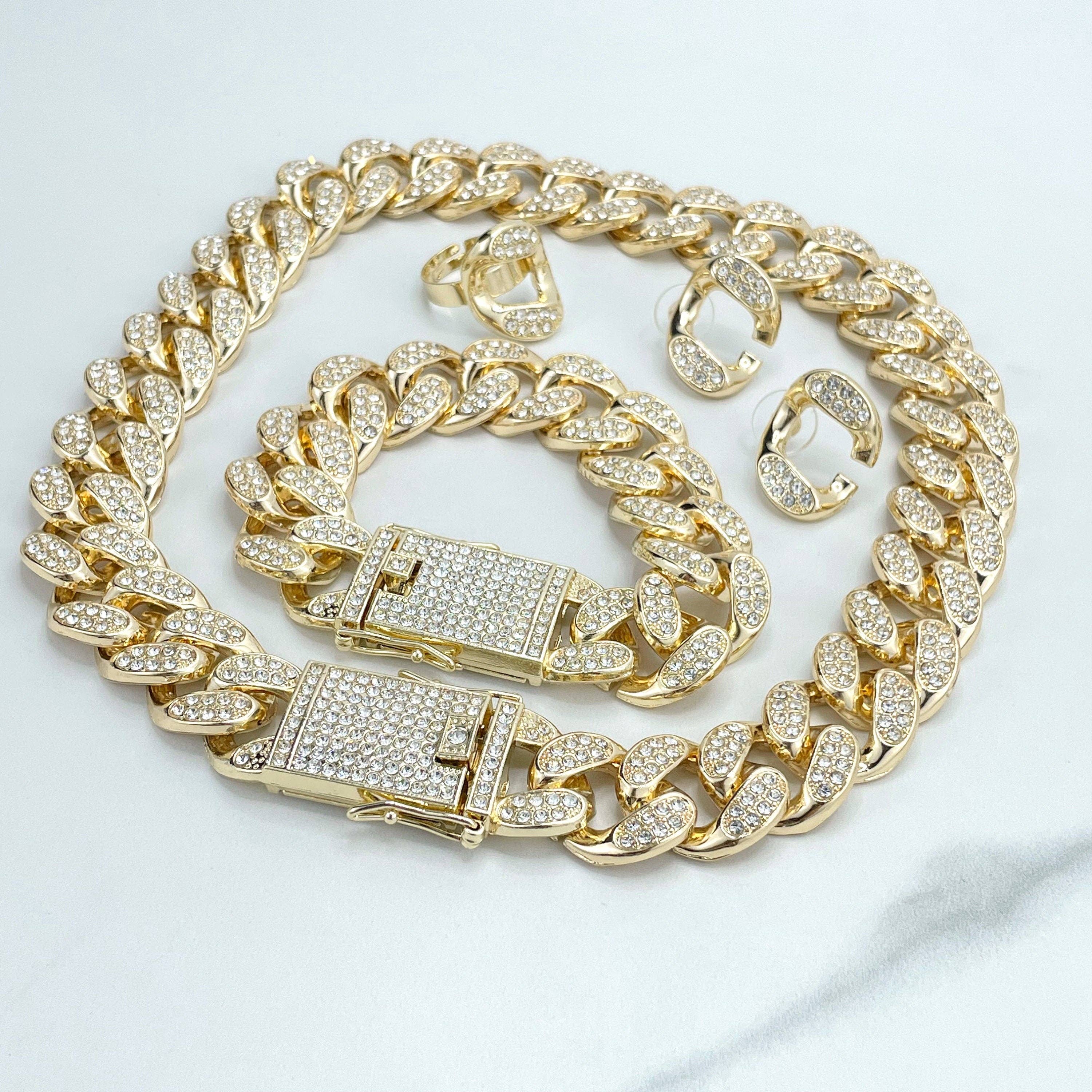 DIJU Jewelry - Wholesale Jewelry Set - 14k Gold Filled, Iced Miami Cuban Link, Double Safety Lock Box Cubic Zirconia, Chain, Bracelet, Earrings & Ring Set, Wholesale Jewelry0
