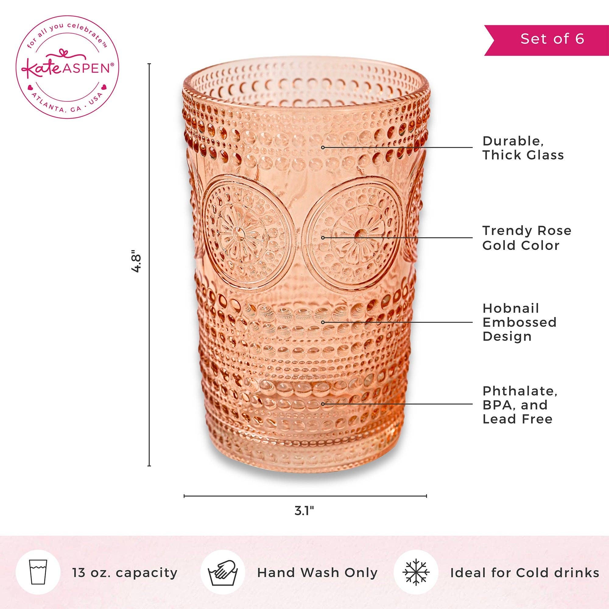 Kate Aspen - Wholesale Cocktail/Liquor Glass - 13 oz. Hobnail Beaded Floral Rose Gold Drinking Glasses (Set5