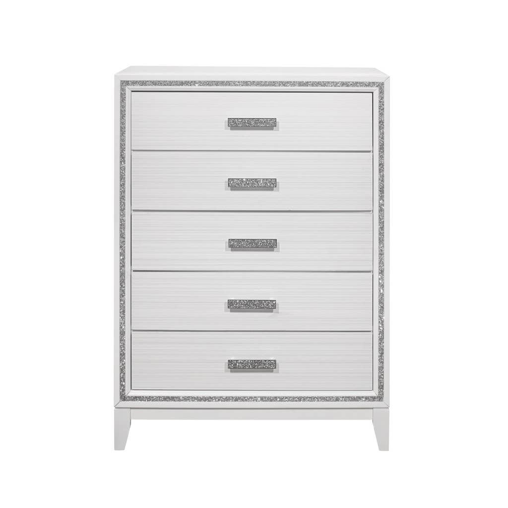 HomeRoots - Wholesale Bedroom Furniture - 49" White And Silver And Faux Wood Lighted 5 Drawer Dresser1