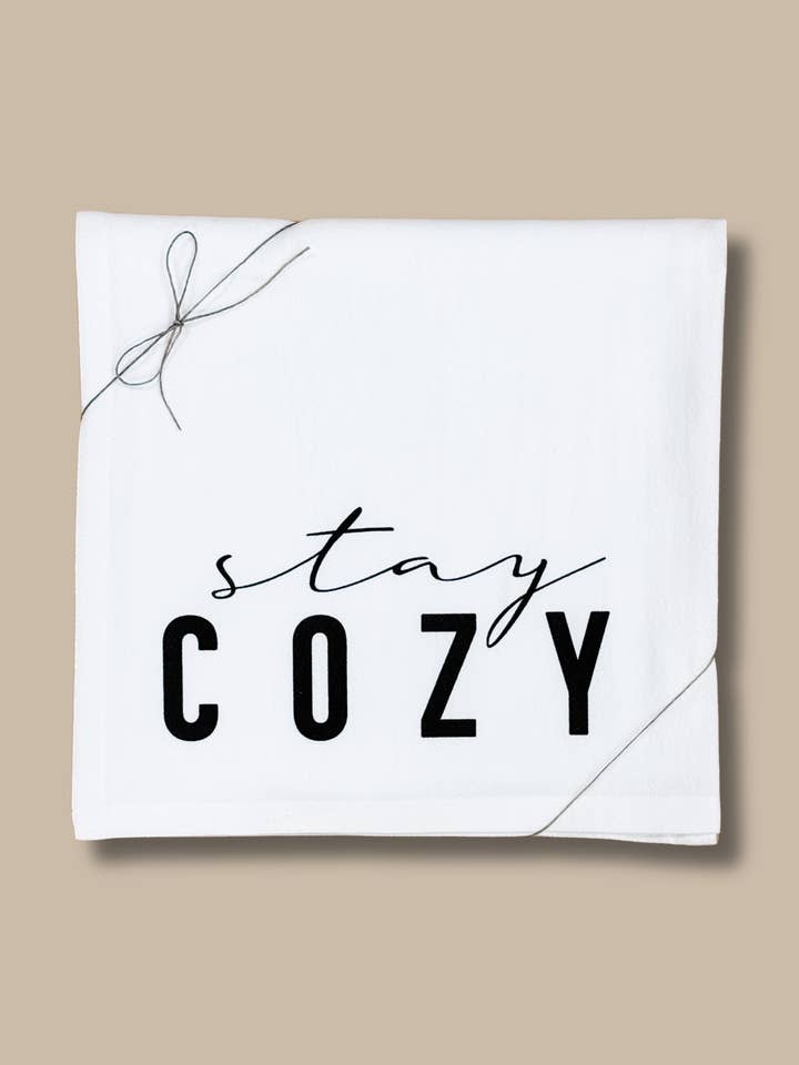 Stay Cozy Flour Sack Tea Towel for wholesale by Smiles + Heart