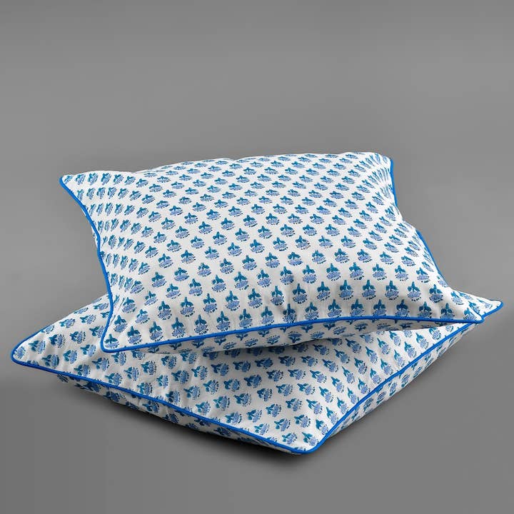 Apatite Blue Cotton Block Print Throw Pillow Cover for wholesale by Cotton Print Club