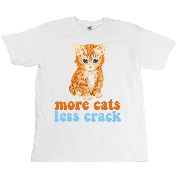 T-shirt unisex Roukeys "More Cats Less Crack" con stampa digitale per la vendita all'ingrosso da parte di Roukeys