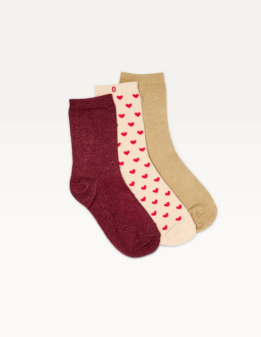ODAJE - Wholesale Socks - Women's - Pack of 3 Socks - Fancy little heart burgundy gold
