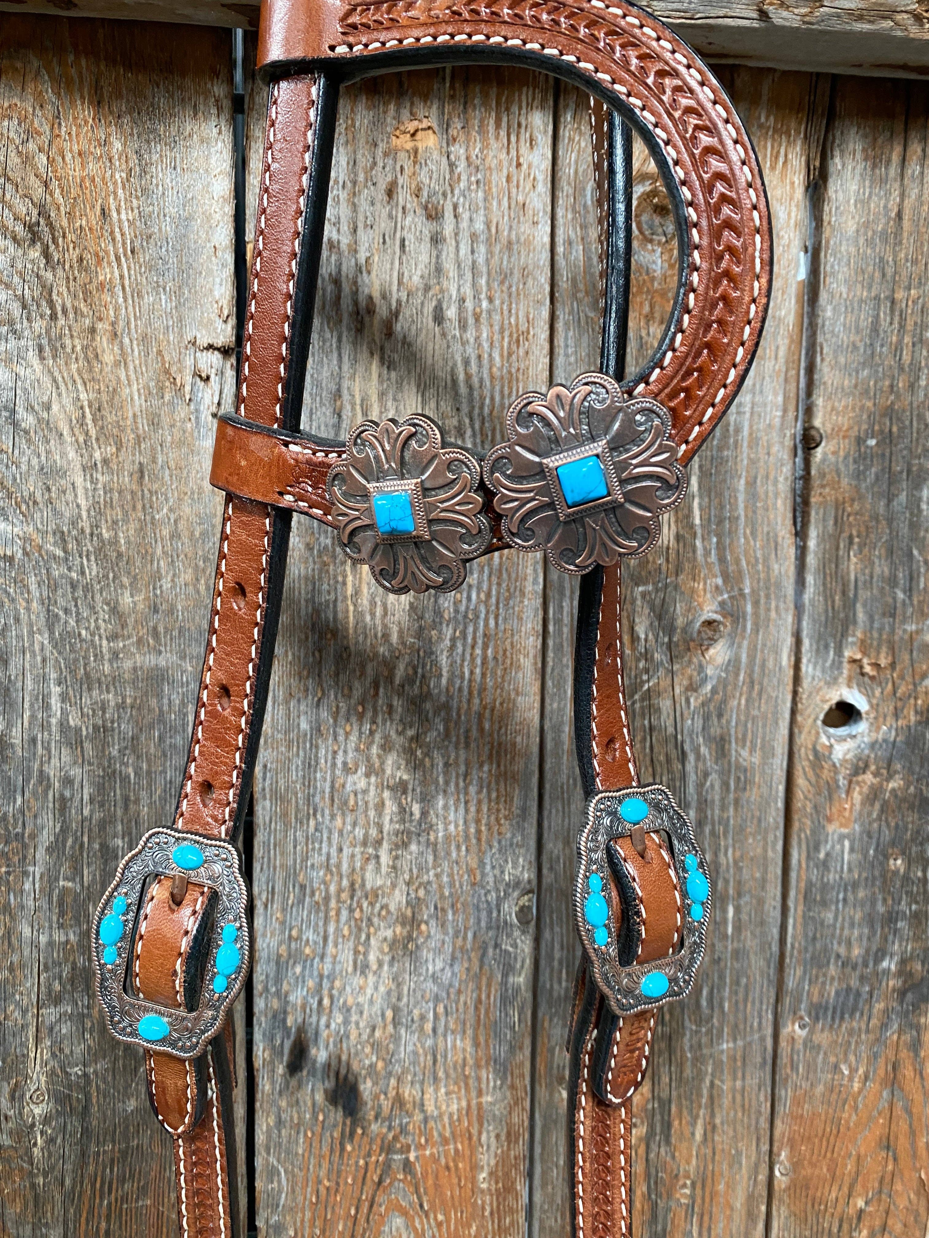 Rodeo Drive - Wholesale Horseback Riding Gear - Medium Basketweave Turquoise One Ear & Breastcollar Tack Set #OEBC4455