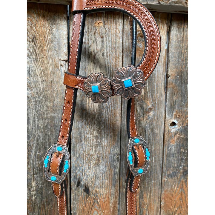 Rodeo Drive - Wholesale Horseback Riding Gear - Medium Basketweave Turquoise One Ear & Breastcollar Tack Set #OEBC4455